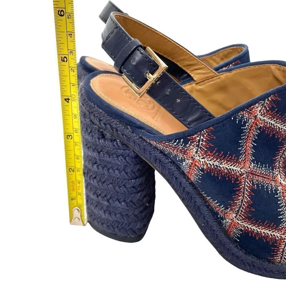 Tory Burch Trinity suede embroidered block heel‎ sandals heels Size 8.5 blue